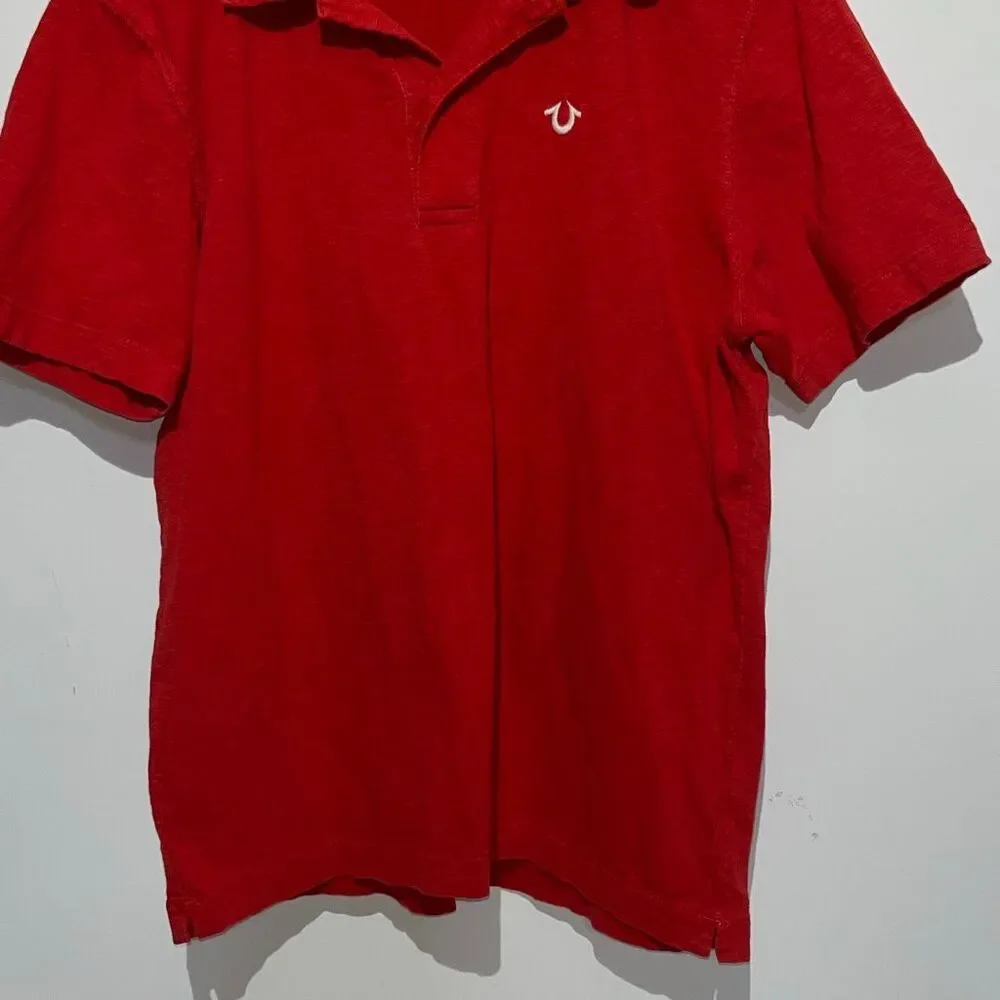 True Religion Men's Red Collared Two Button Short Sleeve Polo Shirt‎ Large